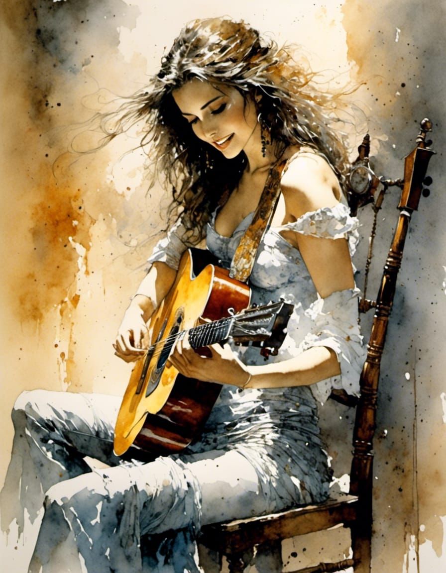 Renaissance Woman Plays Guitar Watercolor Portrait