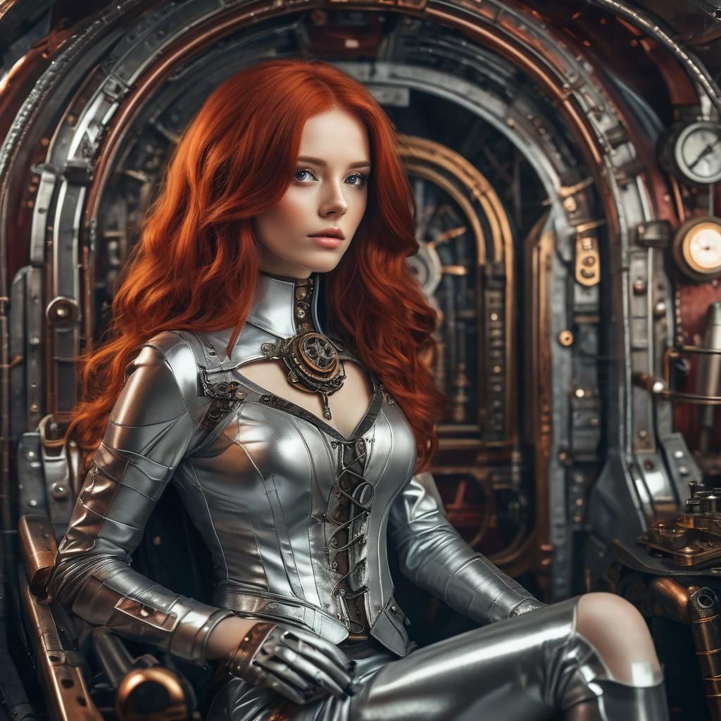 Steampunk Spaceship: Red Hair Woman in Silver Outfit