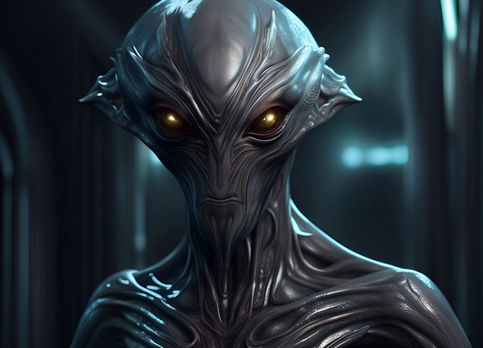 Detailed Grey Alien in a Fantastical Landscape