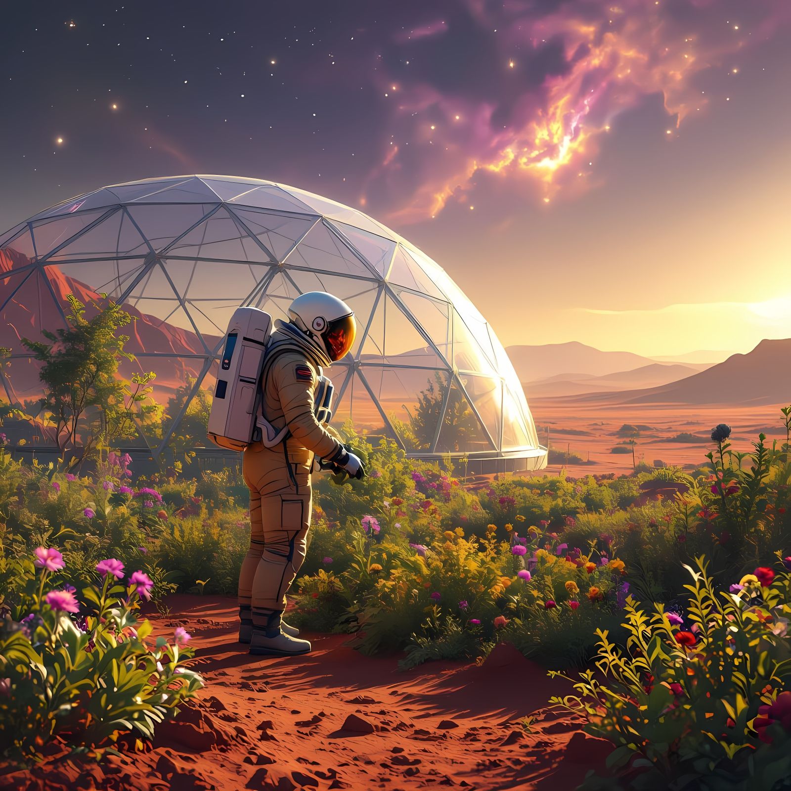 Astronaut's Alien Garden in Hyperrealistic Style