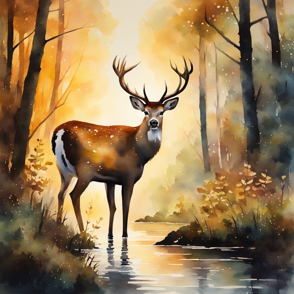 Whimsical Watercolour Deer Drinking in Forest
