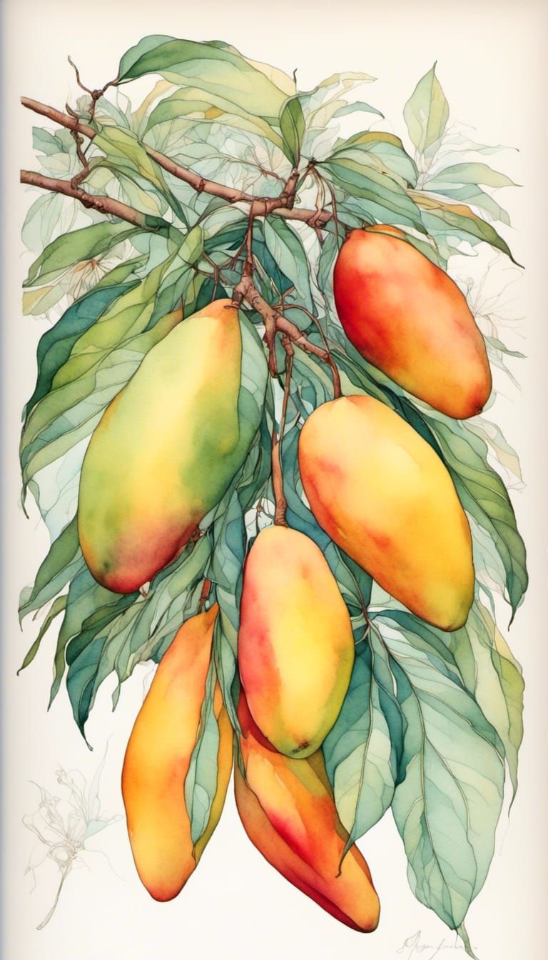 Botanical Mango Slices in Art Nouveau Style
