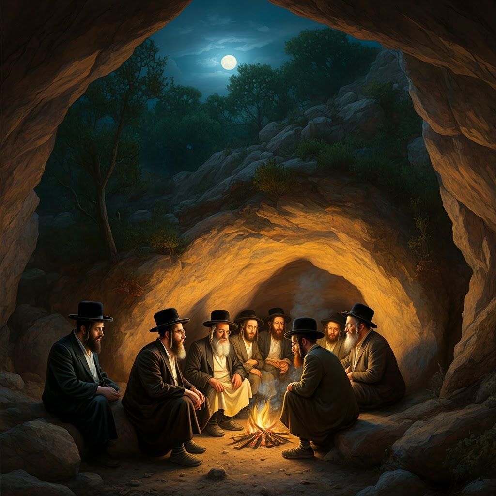 Hasidim Gather Around Fire in Mountain Cave, Oil Painting