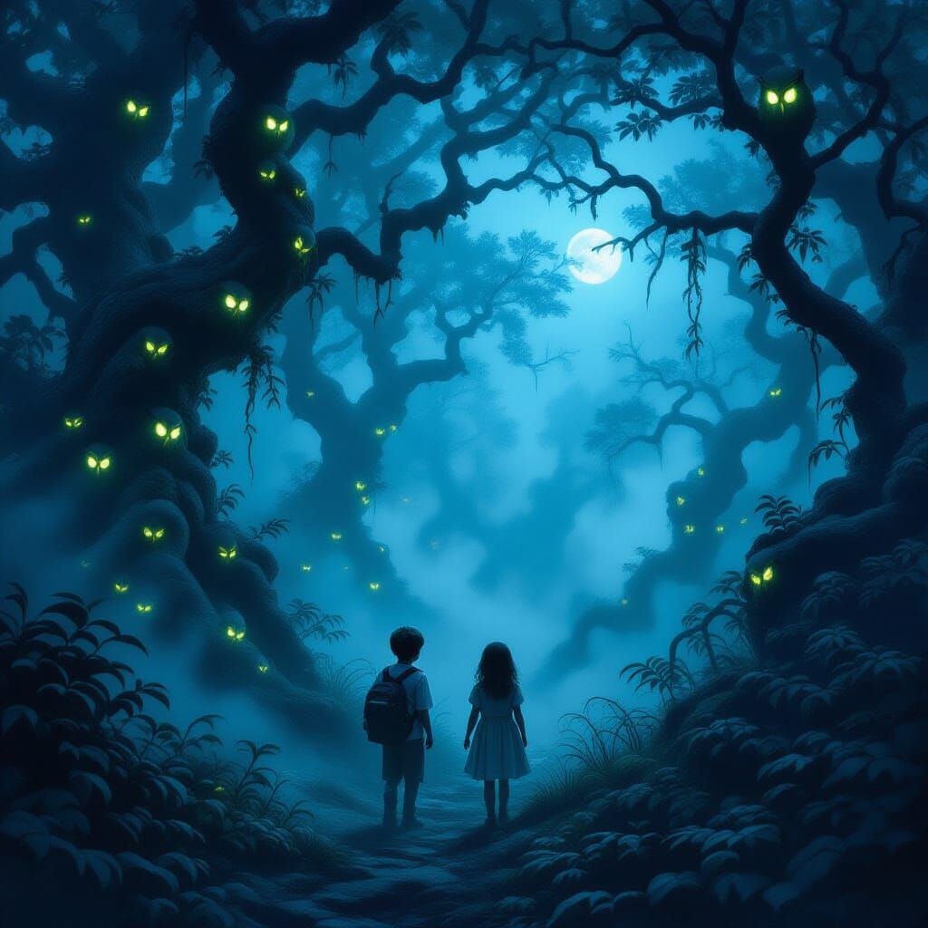 Children Lost in Foggy Forest with Glowing Owl Eyes
