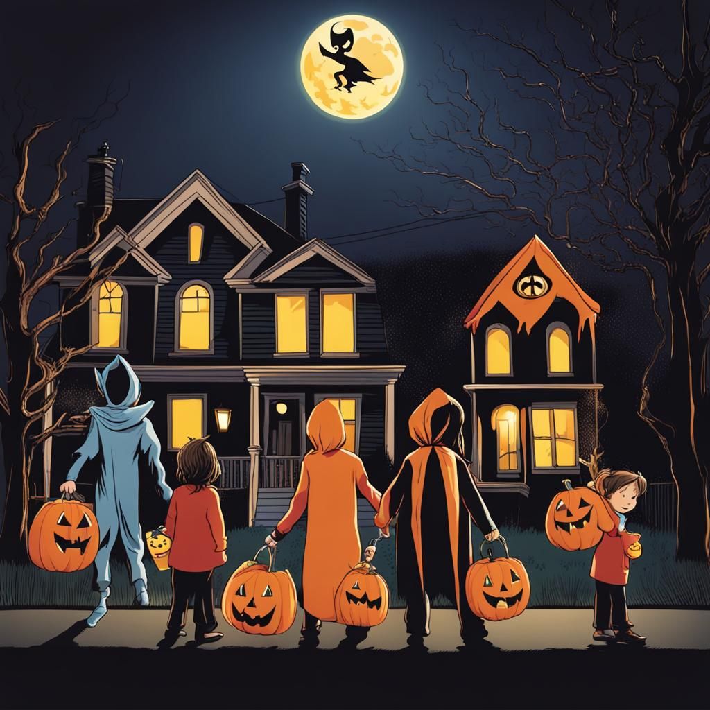 Trick-or-Treaters Visit Homes at Night
