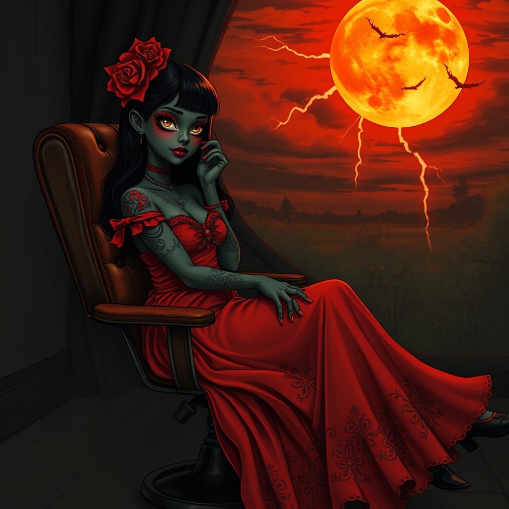 Gothic Woman in Red Dress with Tattoos on Vintage Chair