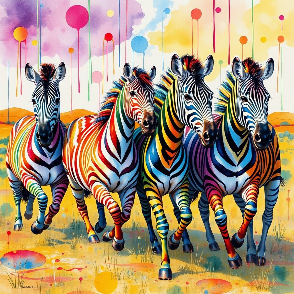 Zebras in Whimsical Watercolour Wonderland with Rainbow Stri...