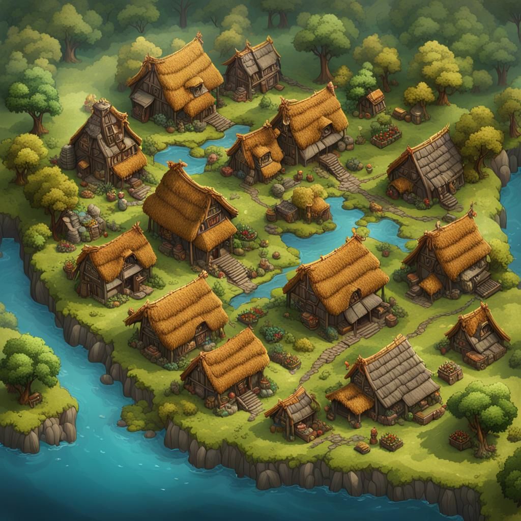 Thatch Roof Village Battlemap with Farmlands and Rivers