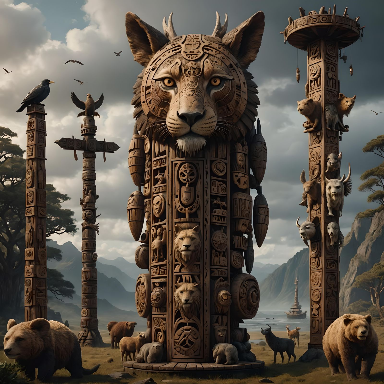 Detailed Wooden Animal Totem Pole Digital Painting