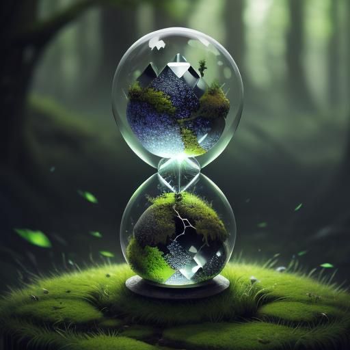 Shattered Hourglass on Moss in Hyperrealistic Style