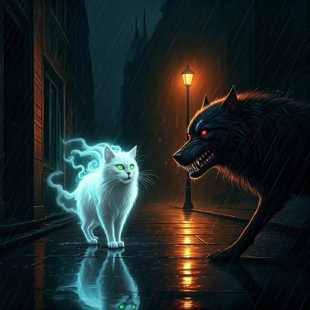 Ghost Cat and Black Dog Encounter in Dark City