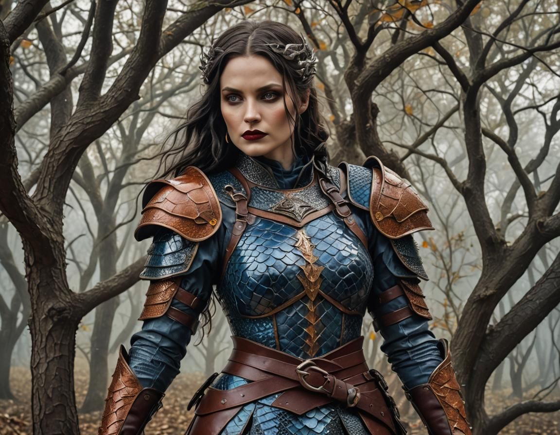 Blue Snakeskin Woman in Forest Village, Hyperrealistic