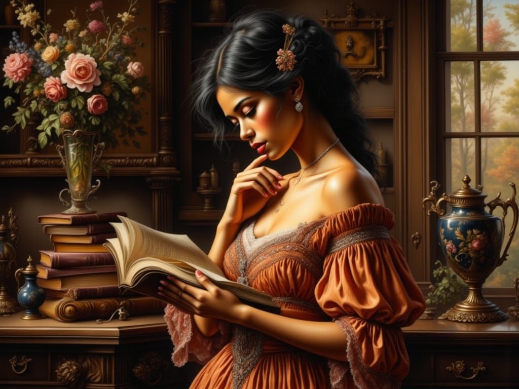 Woman Reading in Garden, Golden Age Style