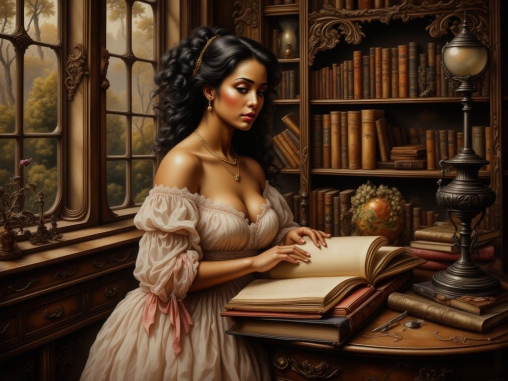 Woman Reading in Garden, Evoking 17th-Century Art