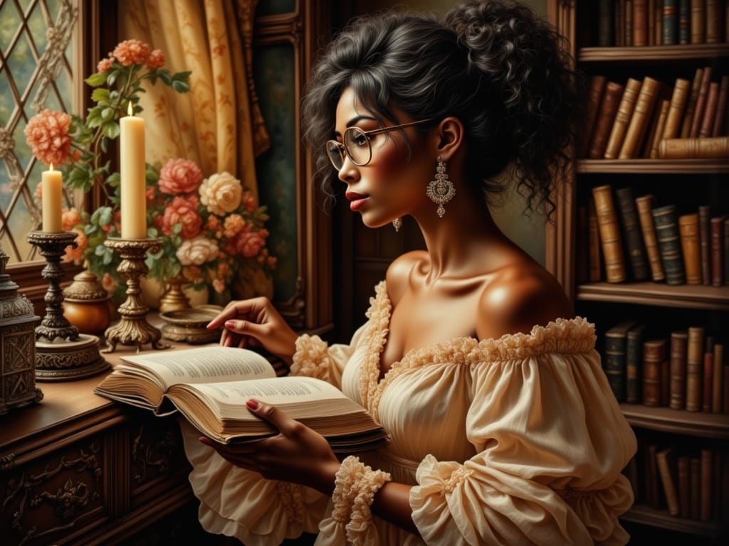 Woman Reading in Garden, as Golden Age Painting