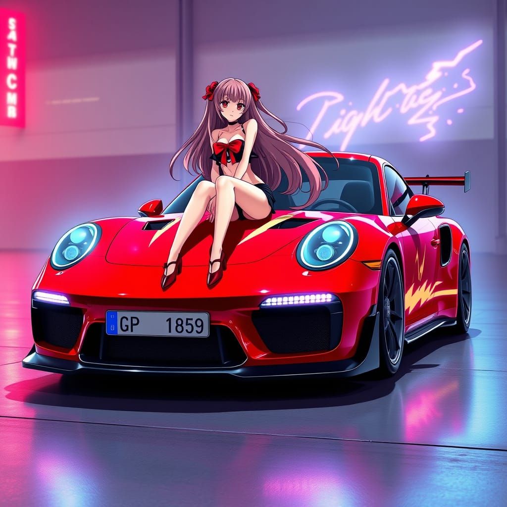 Red Porsche GT 911 with Anime Girl