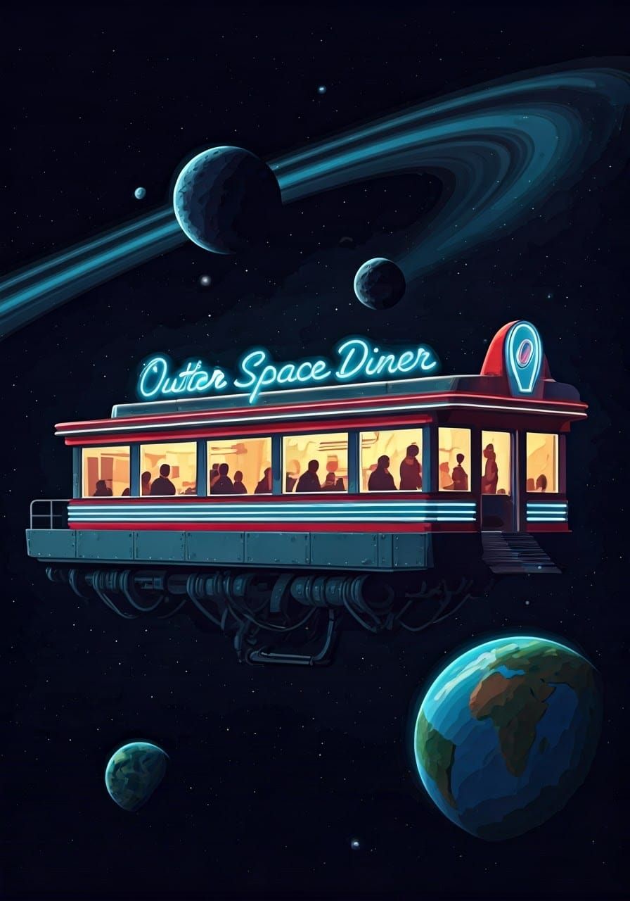 Retro-Futuristic Space Diner Afloat in Cosmic Wonder