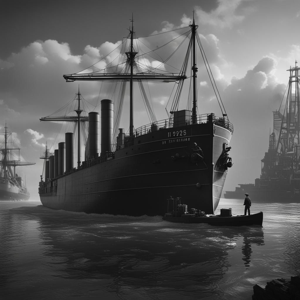 1920s Cargo Ship Arriving in Port: Black and White