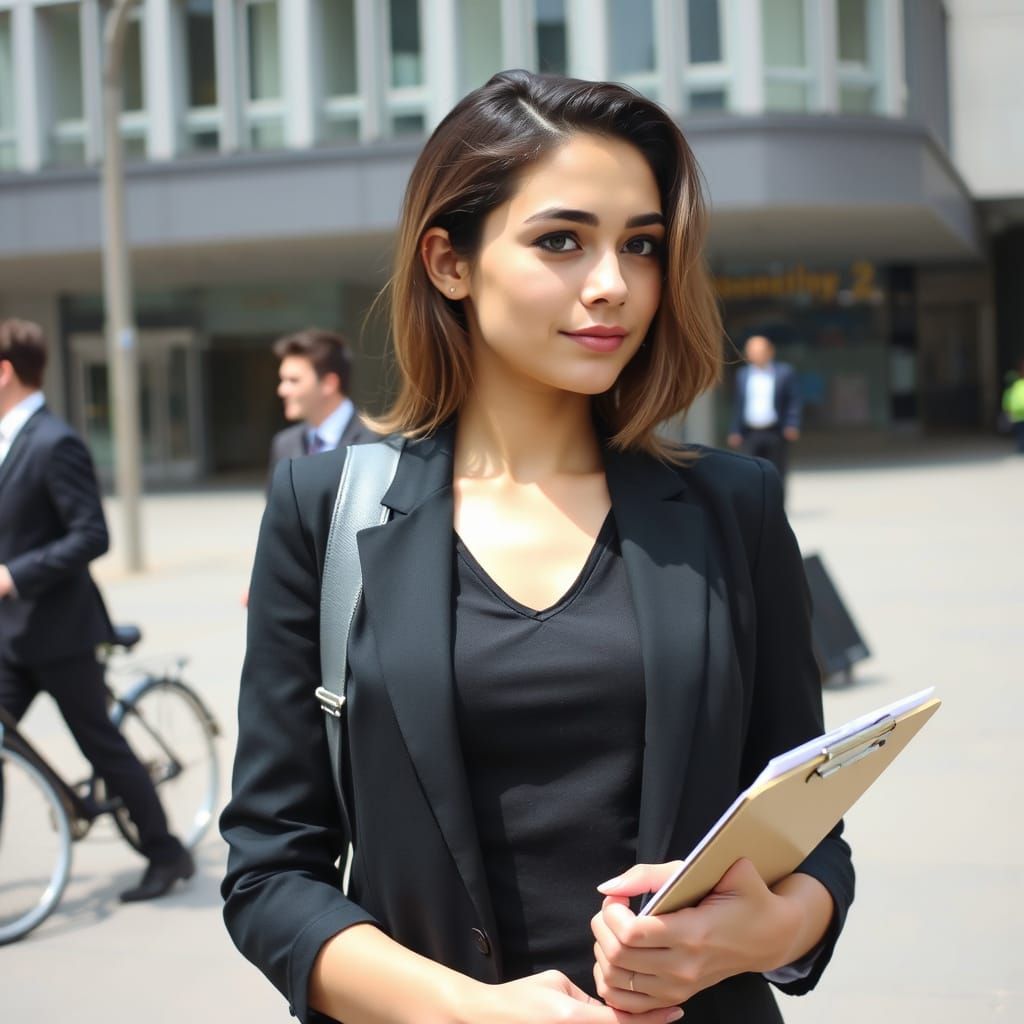 Professional Woman with Clipboard in Urban Setting