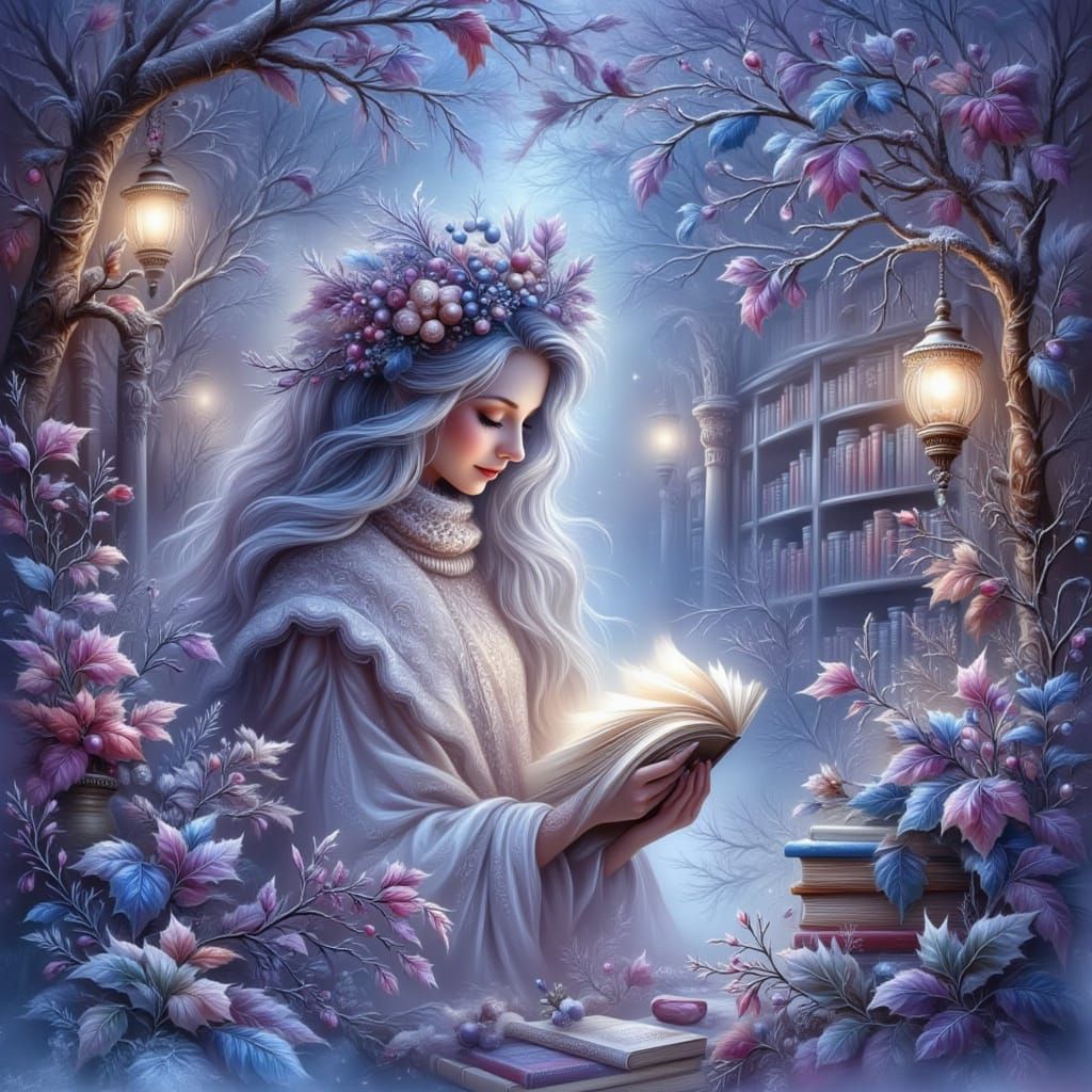 Cosmic Librarian Organizes Nebula Books in Cathedral