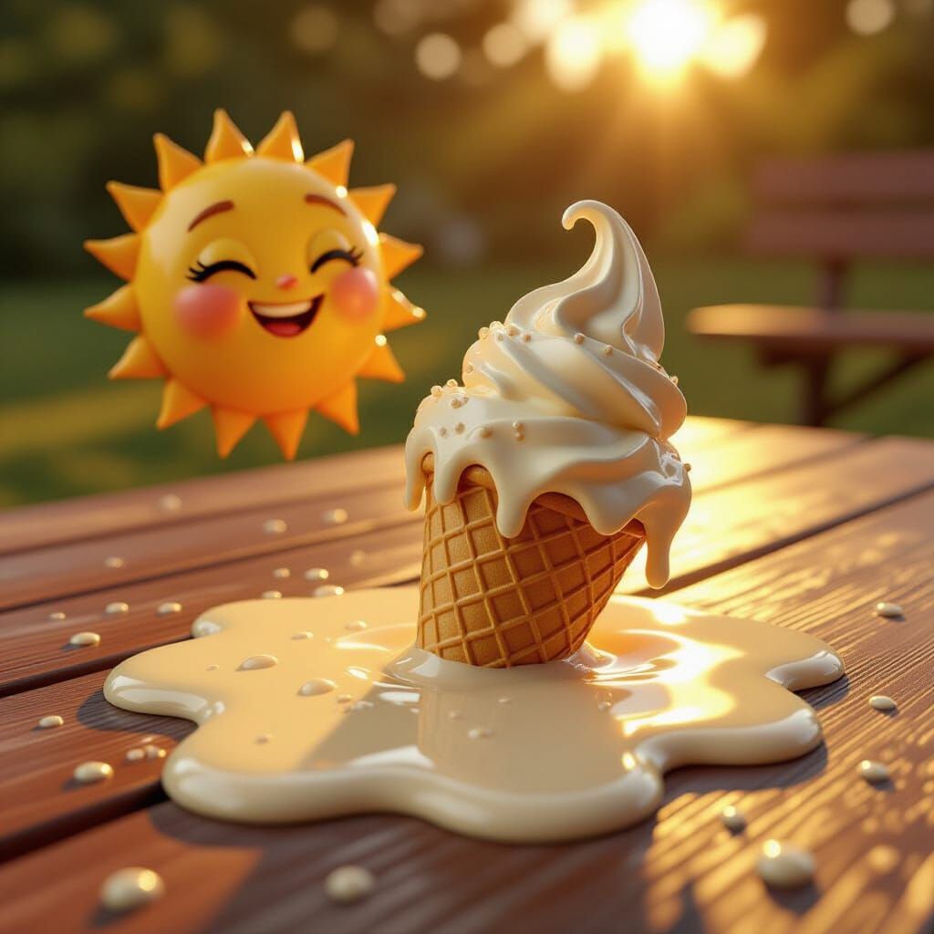 CGI Ice Cream Melts on Picnic Table Under Smug Sun