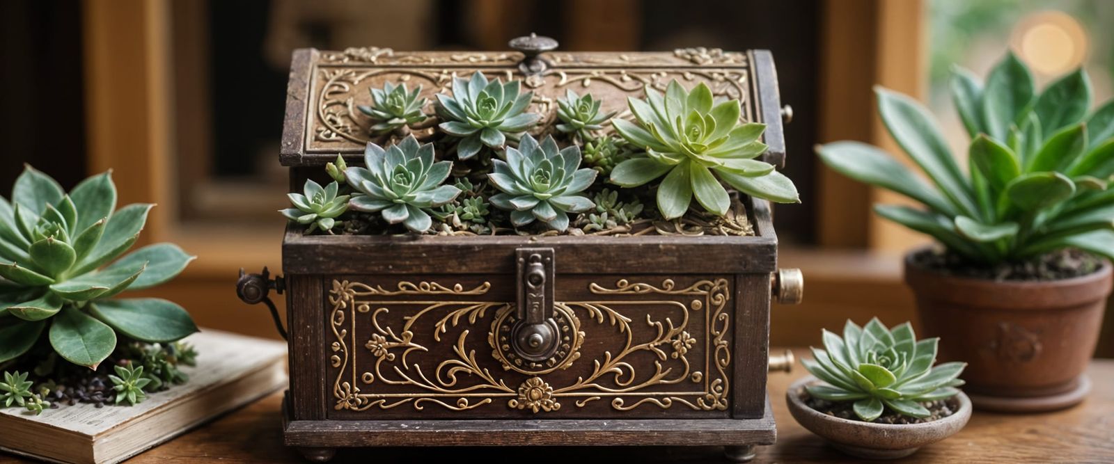 Vintage Wooden Music Box Filled with Succulents in Stunning...
