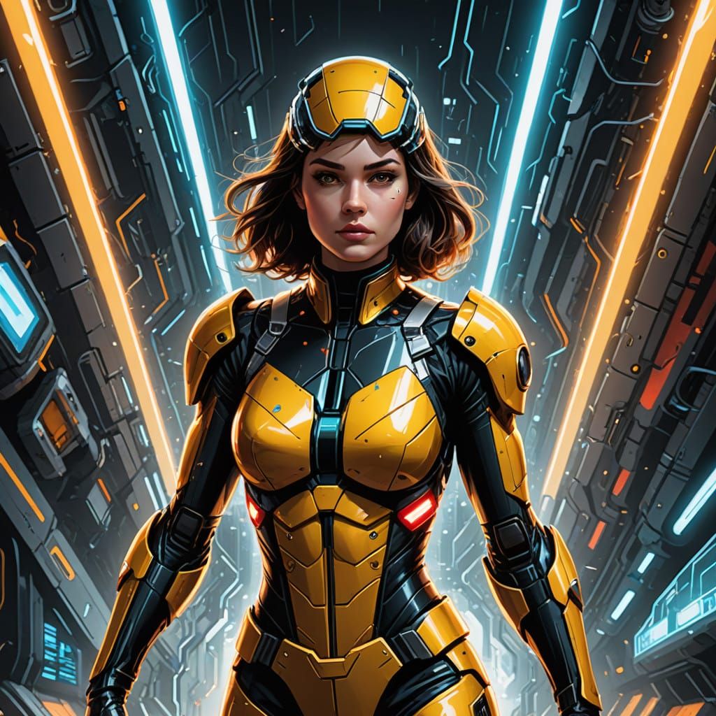 Futuristic Woman in Metallic Corridor