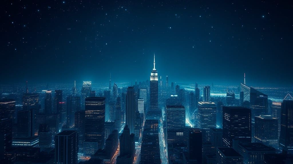 City Awakens at Dawn in Dark Blue Twilight