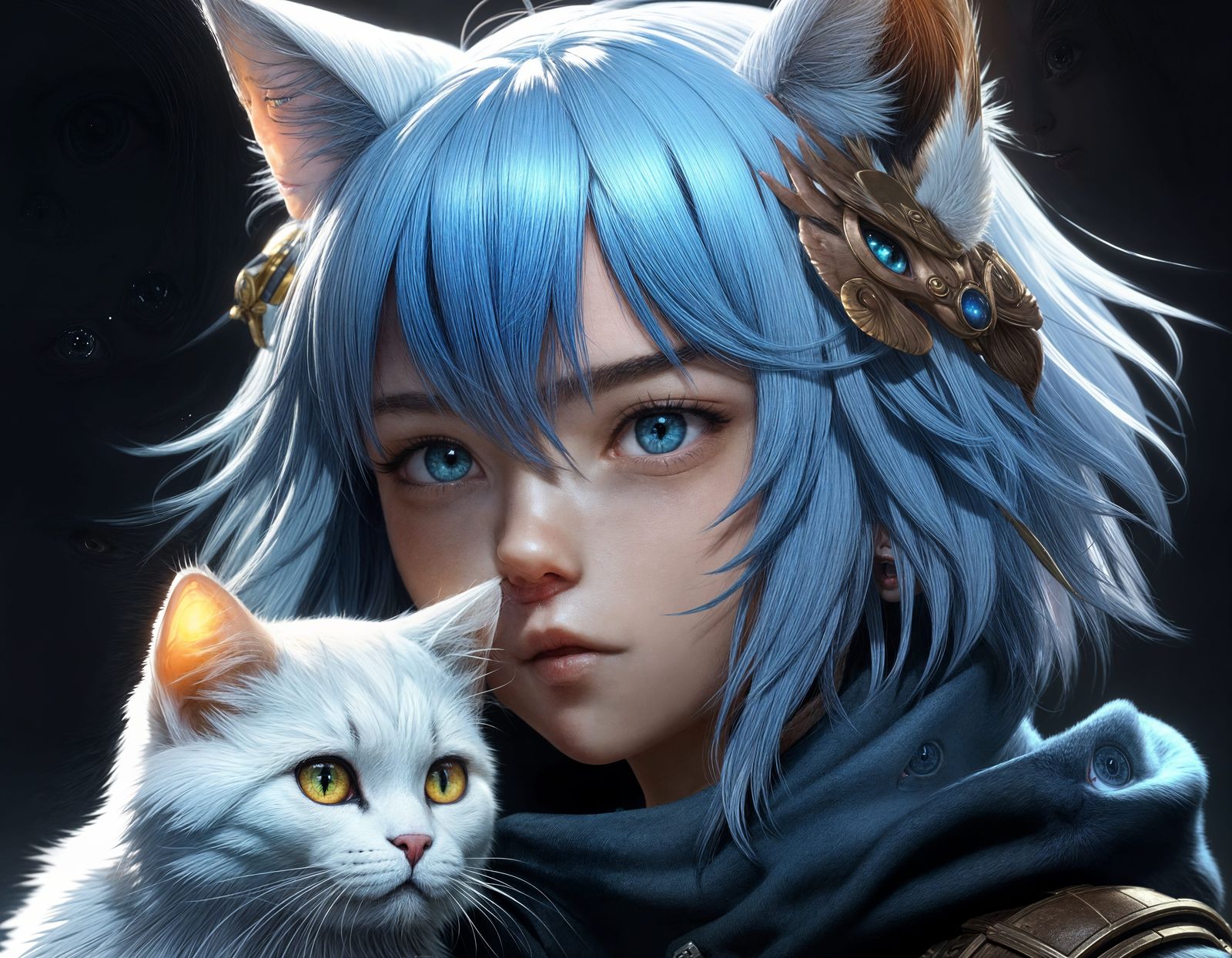 Anime Hare-Cat Hybrid with Blue Eyes in 3D