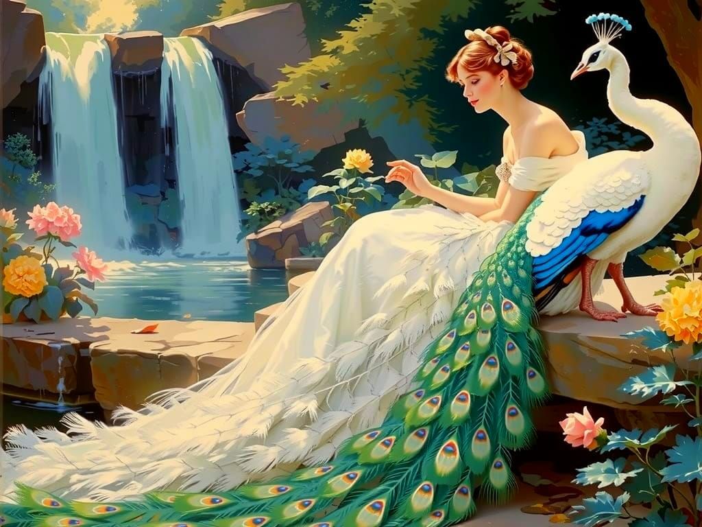 White Peacock in Eden Garden, Colorful Lithography