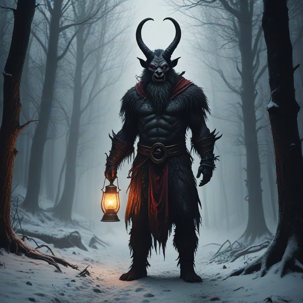 Dark Horned Krampus in Snowy European Forest