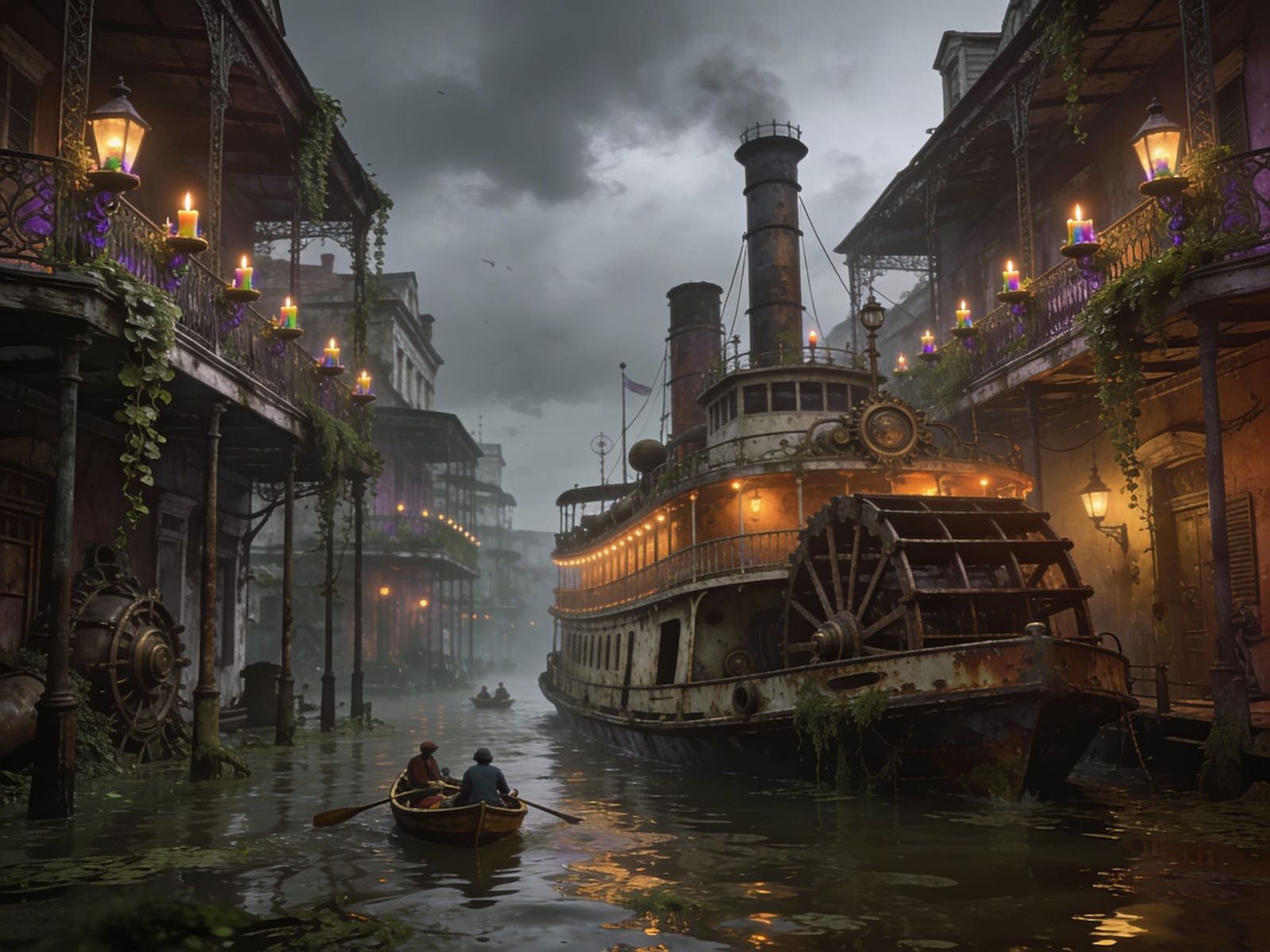 New Orleans Flooded City with Mardi Gras Lights