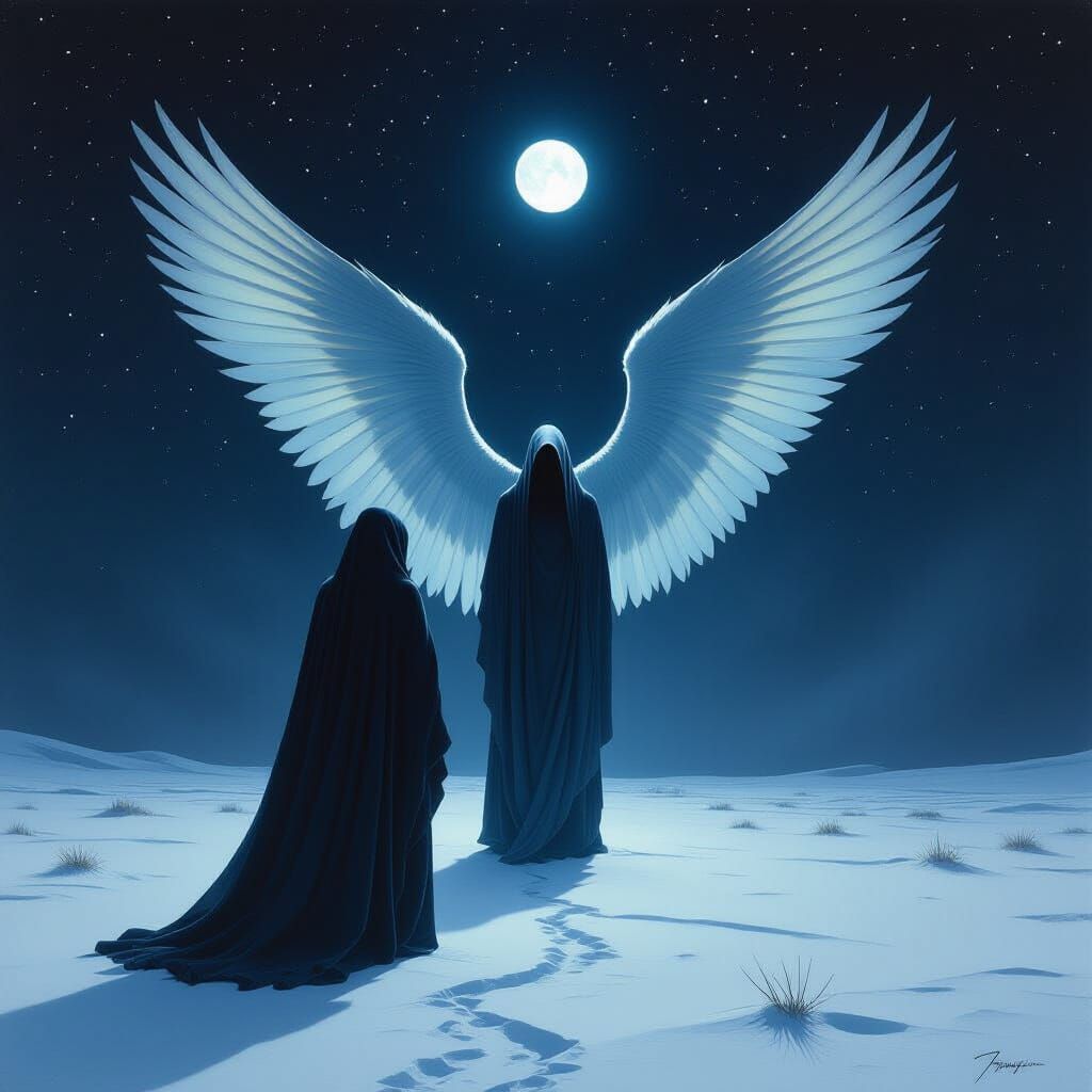 Ethereal Winged Beings Descend on Snowy Landscape