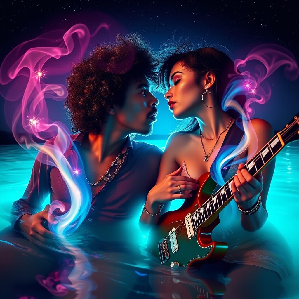 Musicians Kissing Under Starry Sky in Turquoise Lagoon