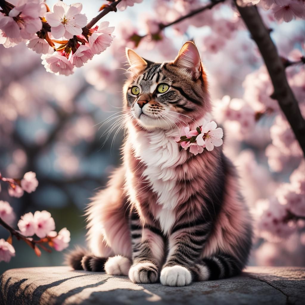 Cat Among Cherry Blossoms in Hyperrealistic Style