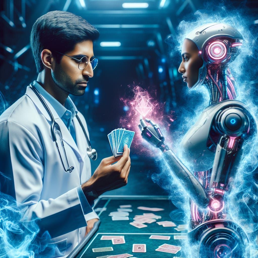 Doctor Battles Robot in Futuristic Card Game Arena