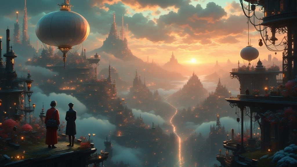 Steampunk Metropolis at Dusk with Dirigibles and Clockwork T...
