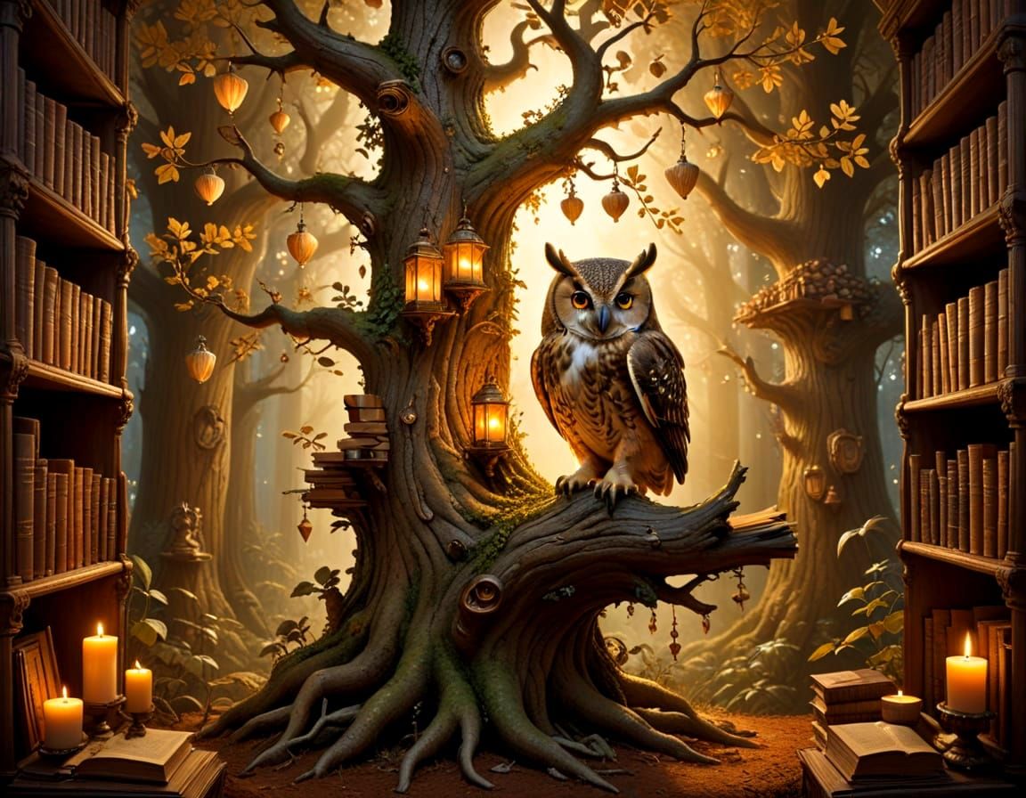 Enchanted Owl in Whimsical Tree Library