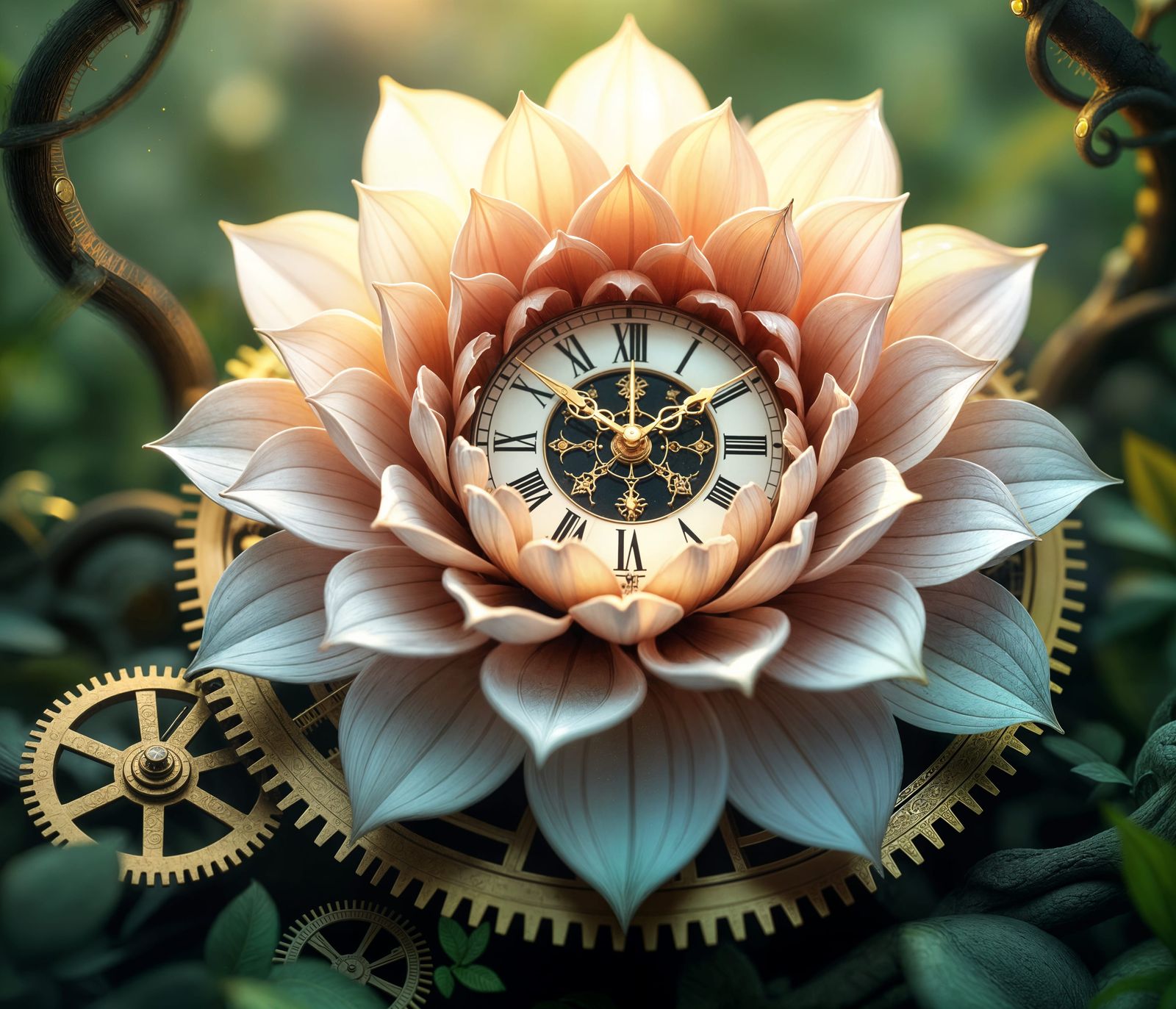 Melting Clock-Flower in Clockwork Jungle, Biomechanical Art