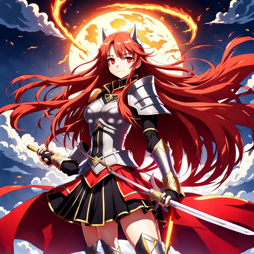 Anime Style Red-Haired Warrior with Platinum Sword