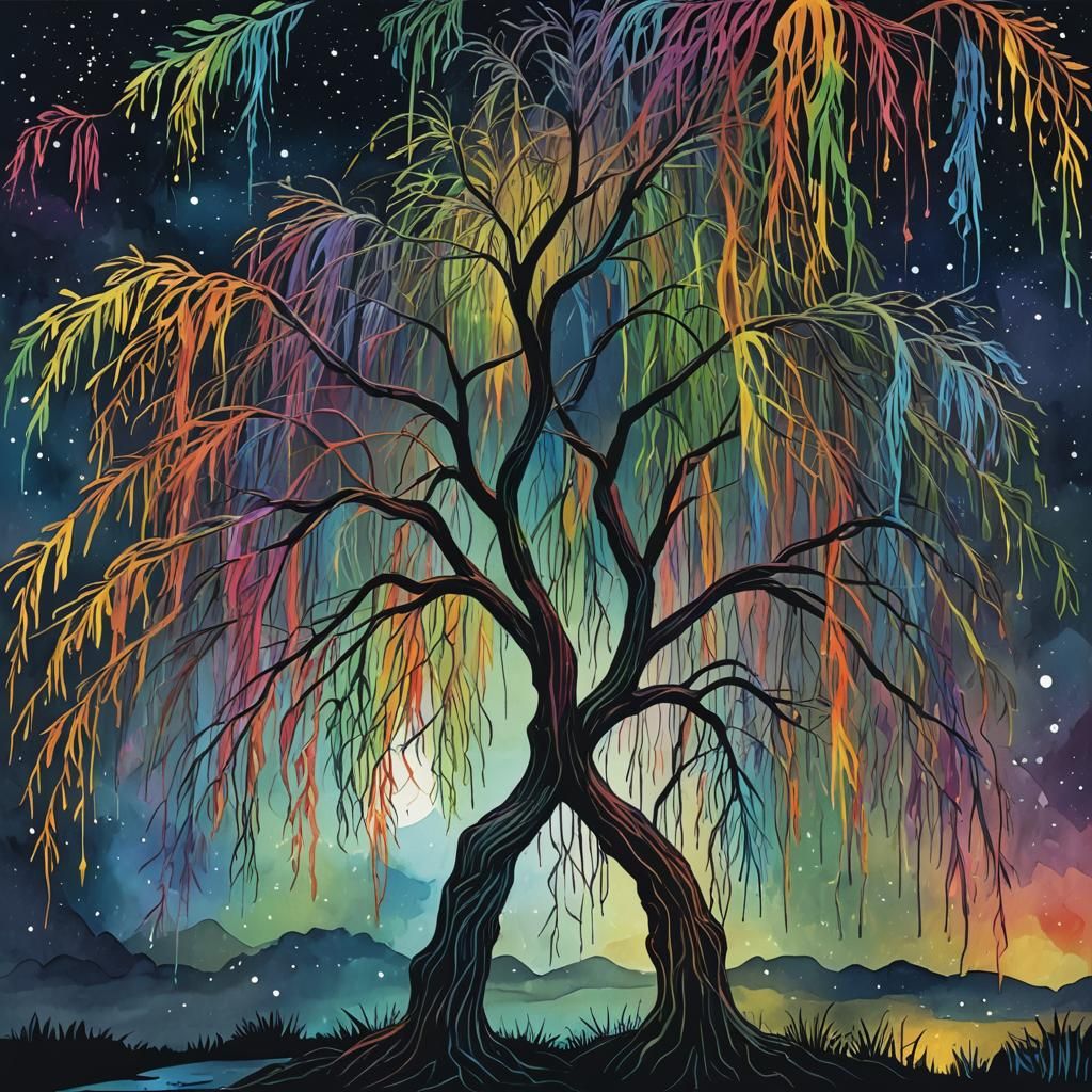 Rainbow Weeping Willow Tree in Night Sky