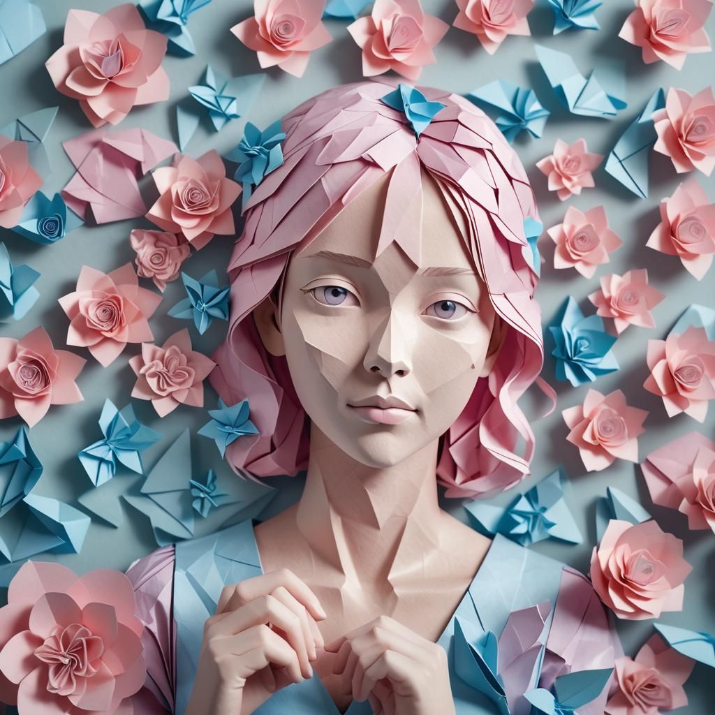 Girl in Origami Paper Folds Portrait