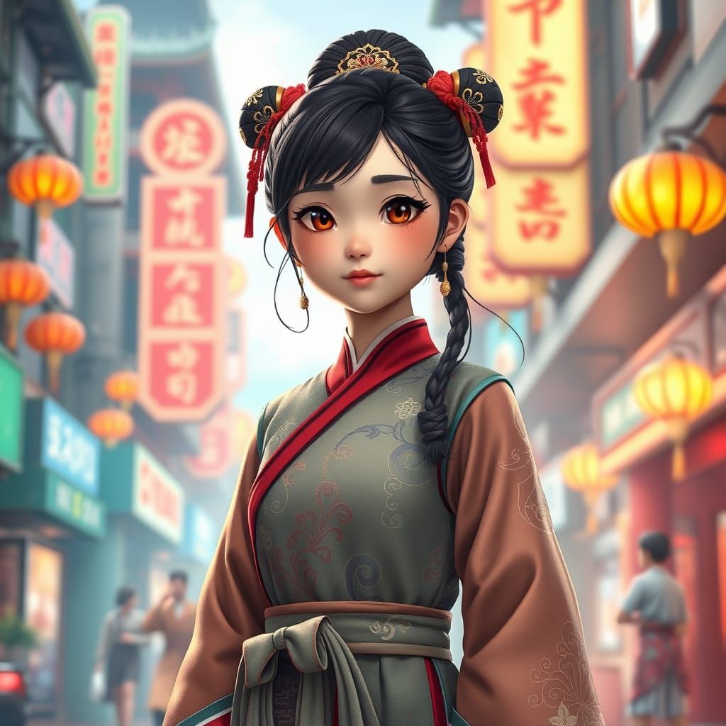Chinese Girl in Shanghai Street, Anime Ghibli Style