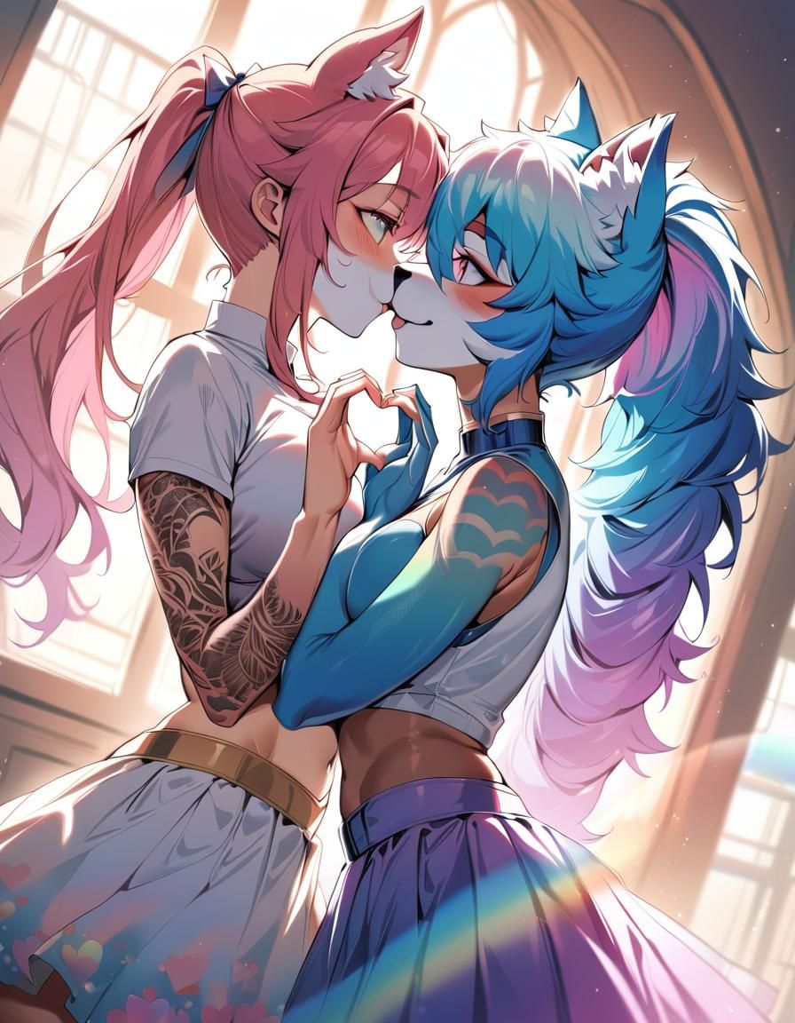 Anthro Wolf Girls' Rainbow Kiss: Digital Art