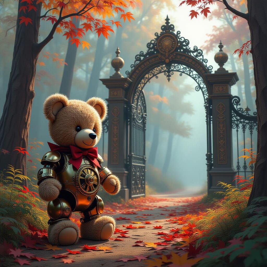 Teddy Bear Automaton Guarding Mystical Forest Entrance