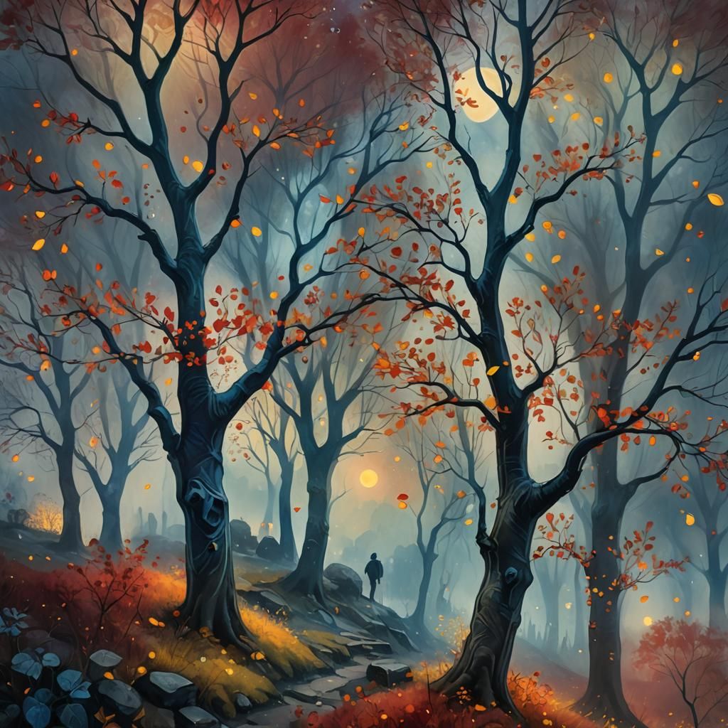 Autumn Trees and Fireflies in Surrealist Style
