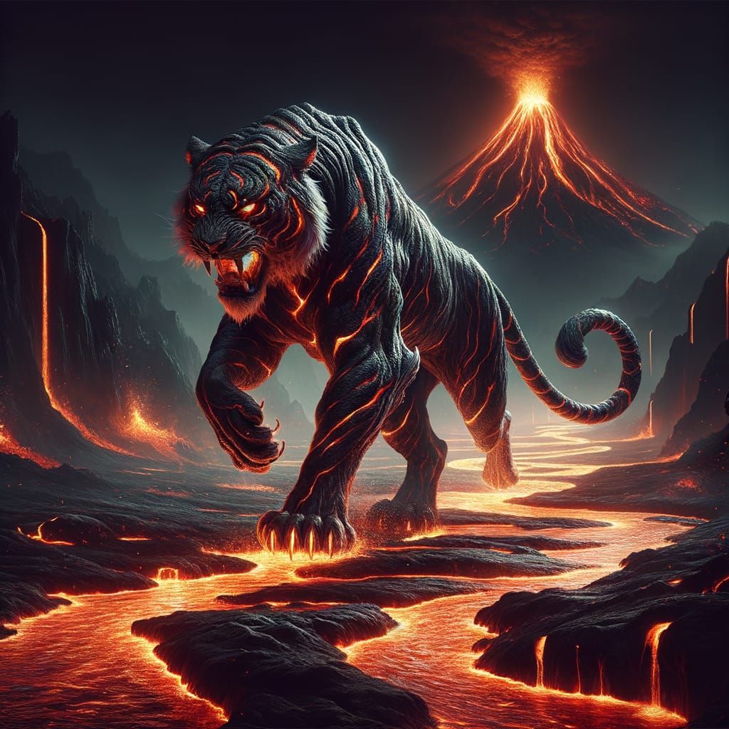 Lava Tiger Emerging from Fiery Volcano Landscape