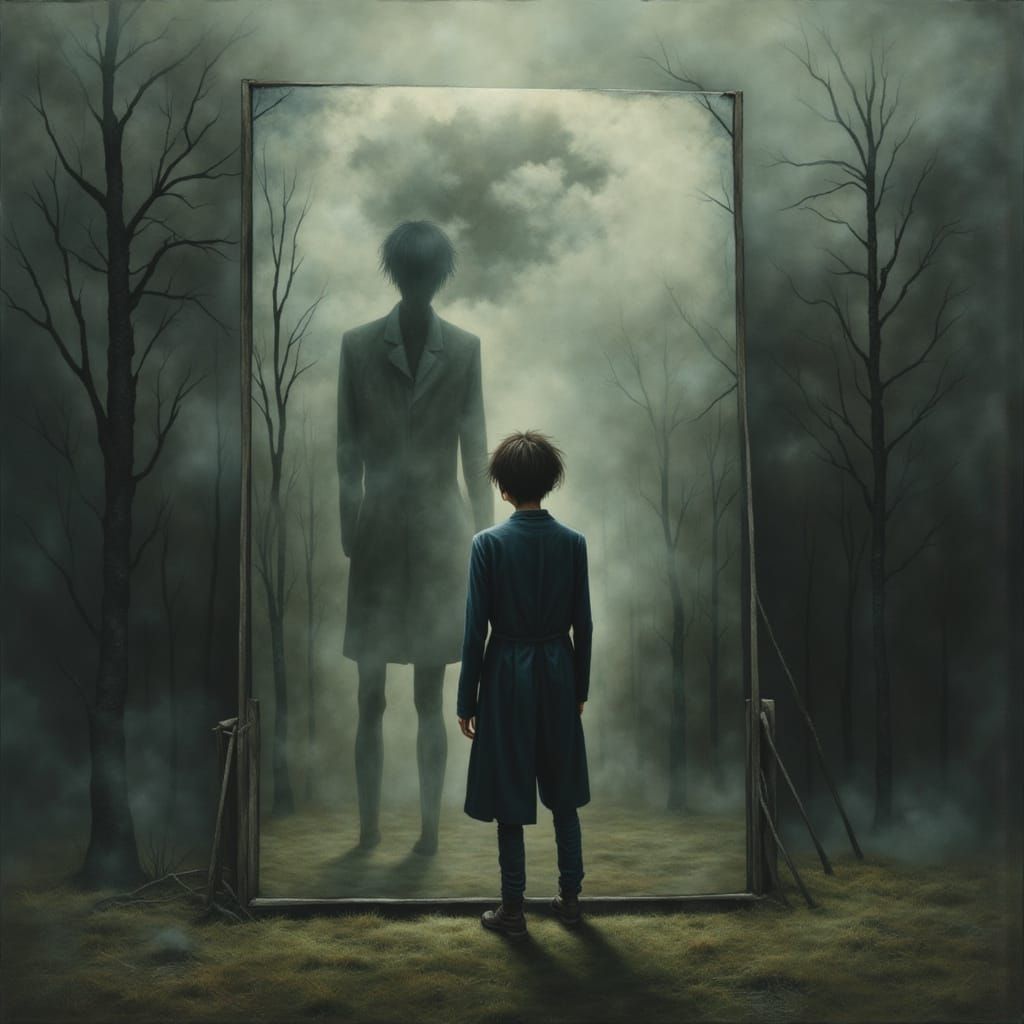 A Person's Distorted Reflection in a Misty Mirror, in a Surr...