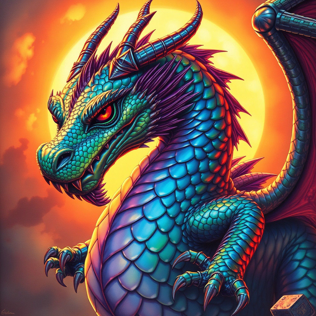 Iridescent Dragon in Golden Light, Fantasy Illustration