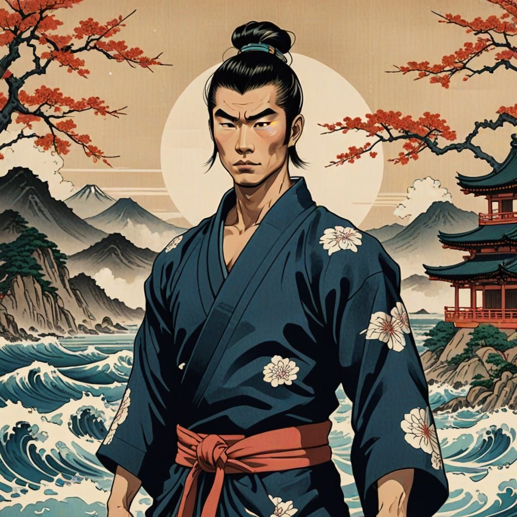 Gorgeous Asian Man Daydreaming on Seashore in Ukiyo-e Style